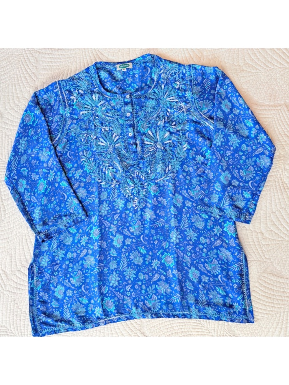 Dolma Blue 100% Silk Floral Embroidered Boho Coastal Resortwear Tunic XL - Picture 10 of 17